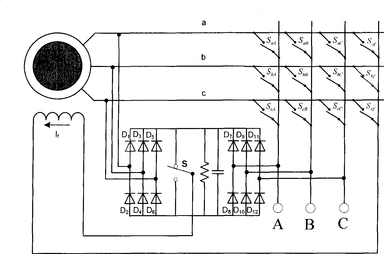 Three phase four bridge arm matrix type converter having excitation function