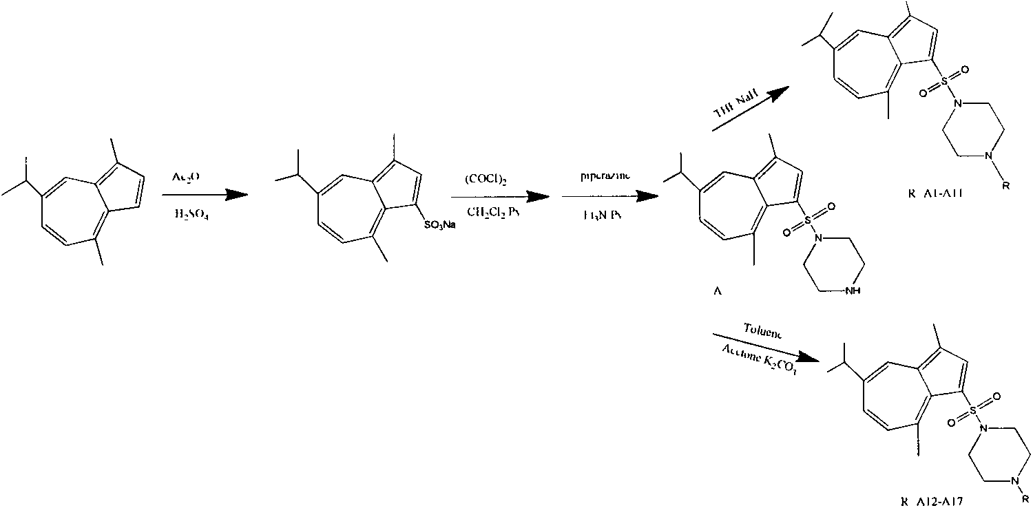 Synthesis of 1-substituent-5-isopropyl-3, 8-dimethyl azulenyl sulfonyl piperazine and anti-gastric ulcer activity research