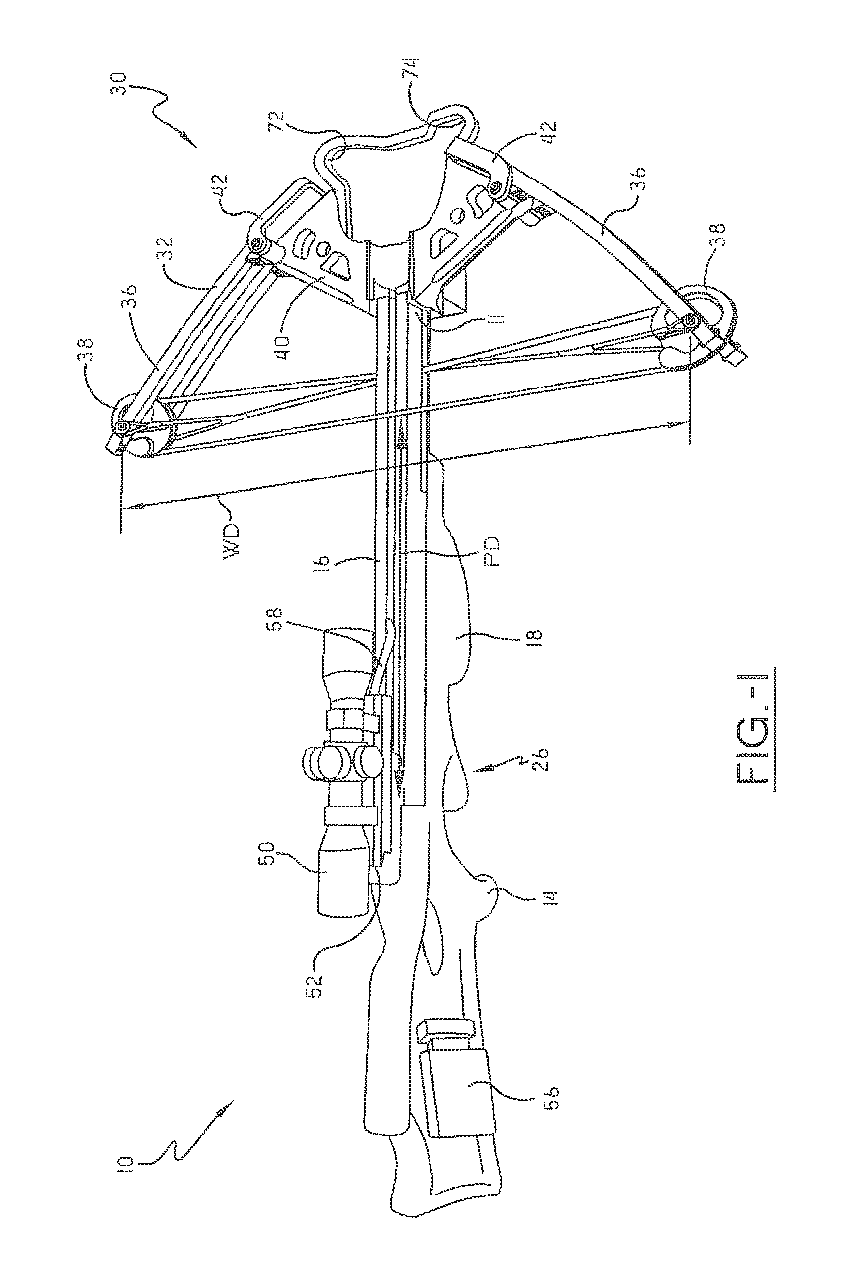 Narrow crossbow with large power stroke