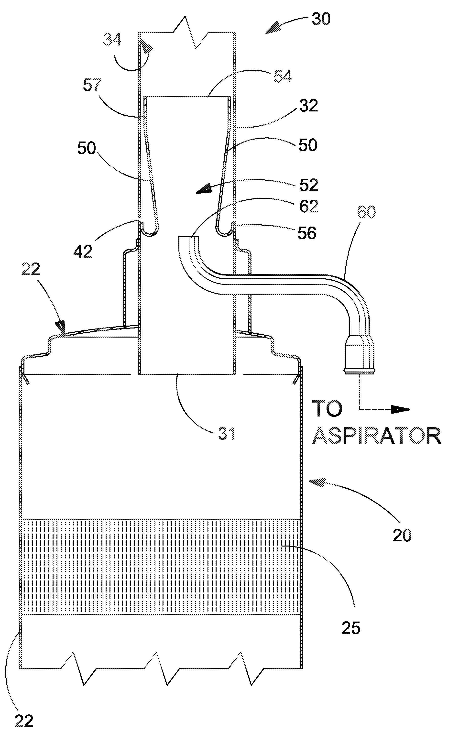 Combined intake aspirator venturi tube and water trap in vertical exhaust outlet stack