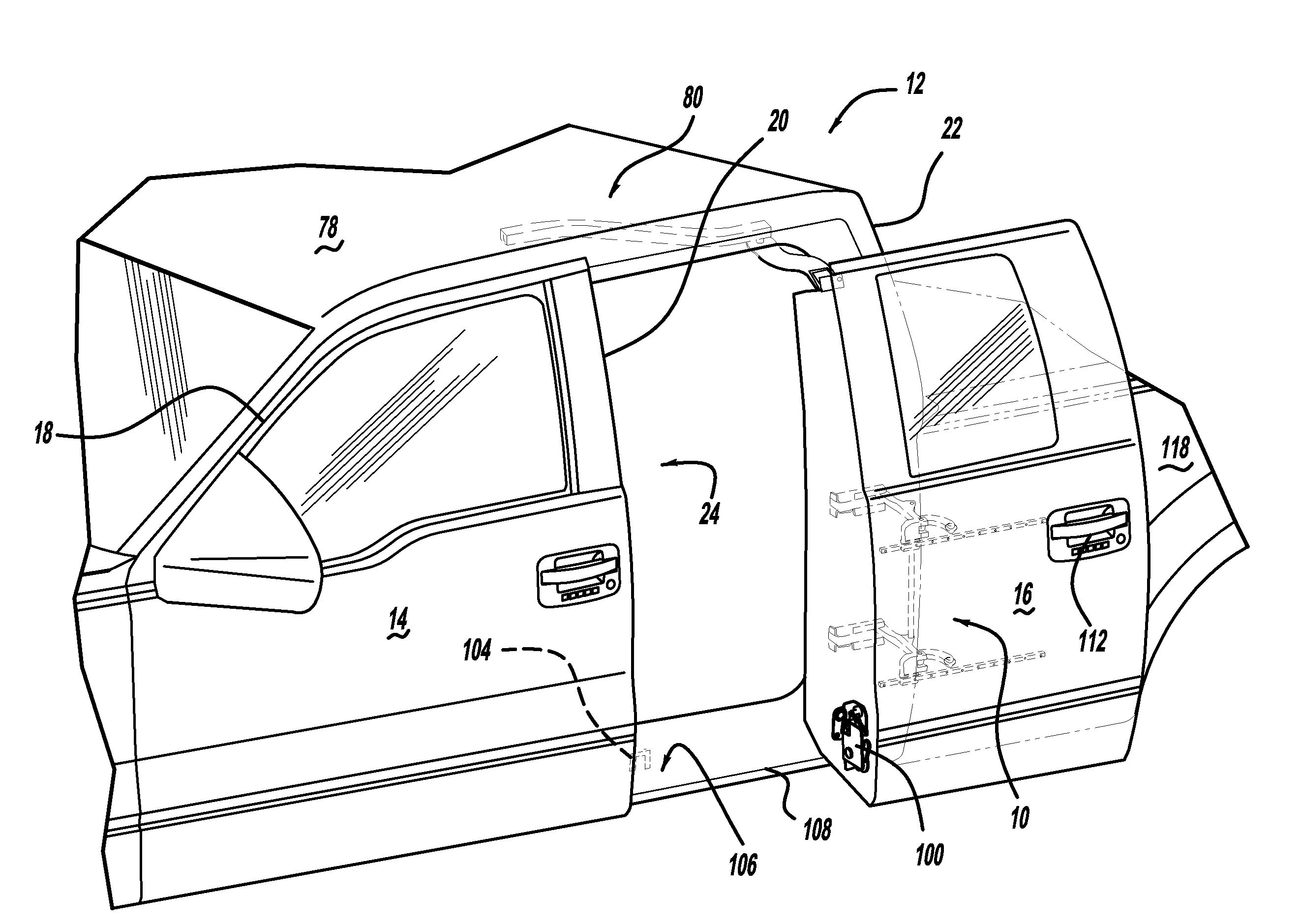 Vehicle dual hinge rear door articulating and sliding system