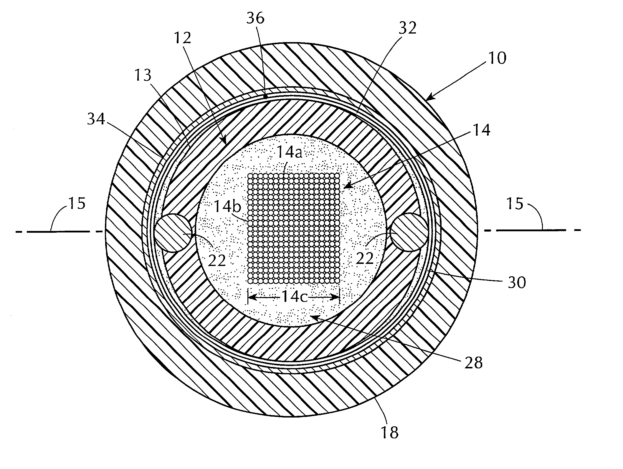 Optical fiber cable and core with a reinforced buffer tube having visible strength members and methods of manufacture thereof