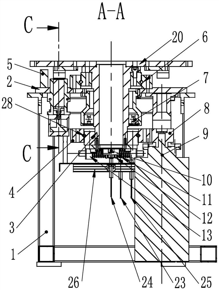 Motor-driven station slewing mechanism combined with wedge-shaped positioning