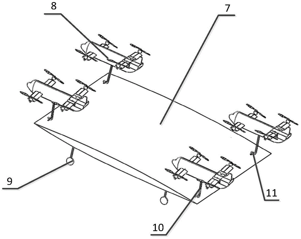 Coordinated hoisting and transportation device for a tilting quadrotor aircraft