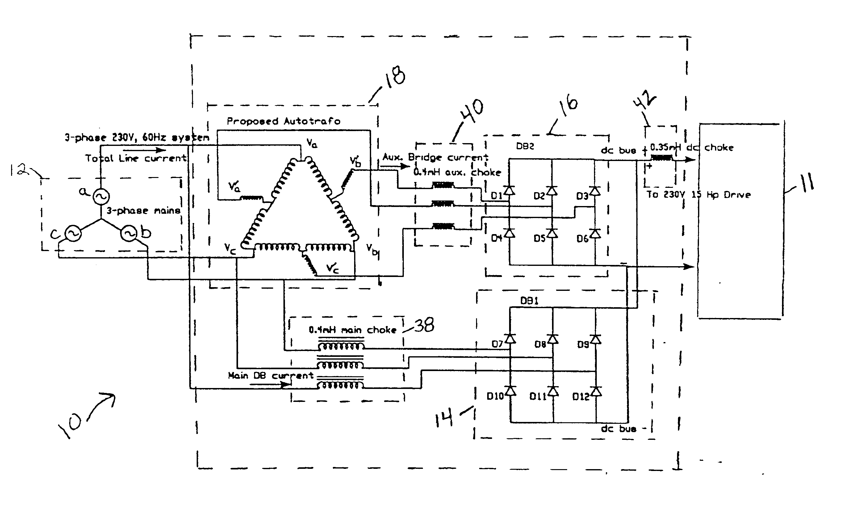 Autotransformer-based system and method of current harmonics reduction in a circuit