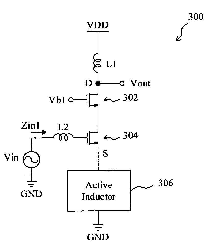 Cascode low noise amplifier with a source coupled active inductor