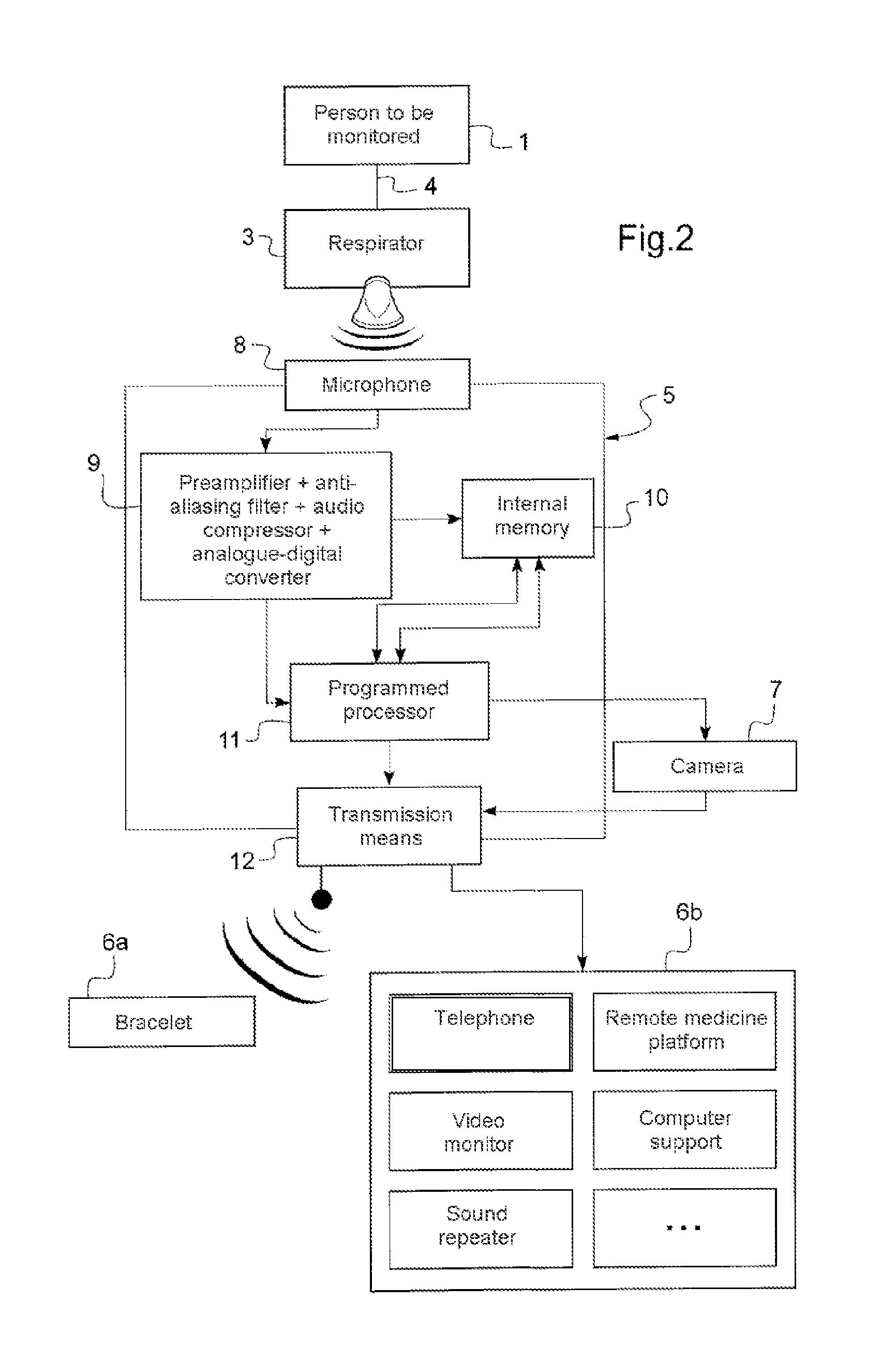 Assistance terminal for remotely monitoring a person connected to a medical assistance and monitoring device