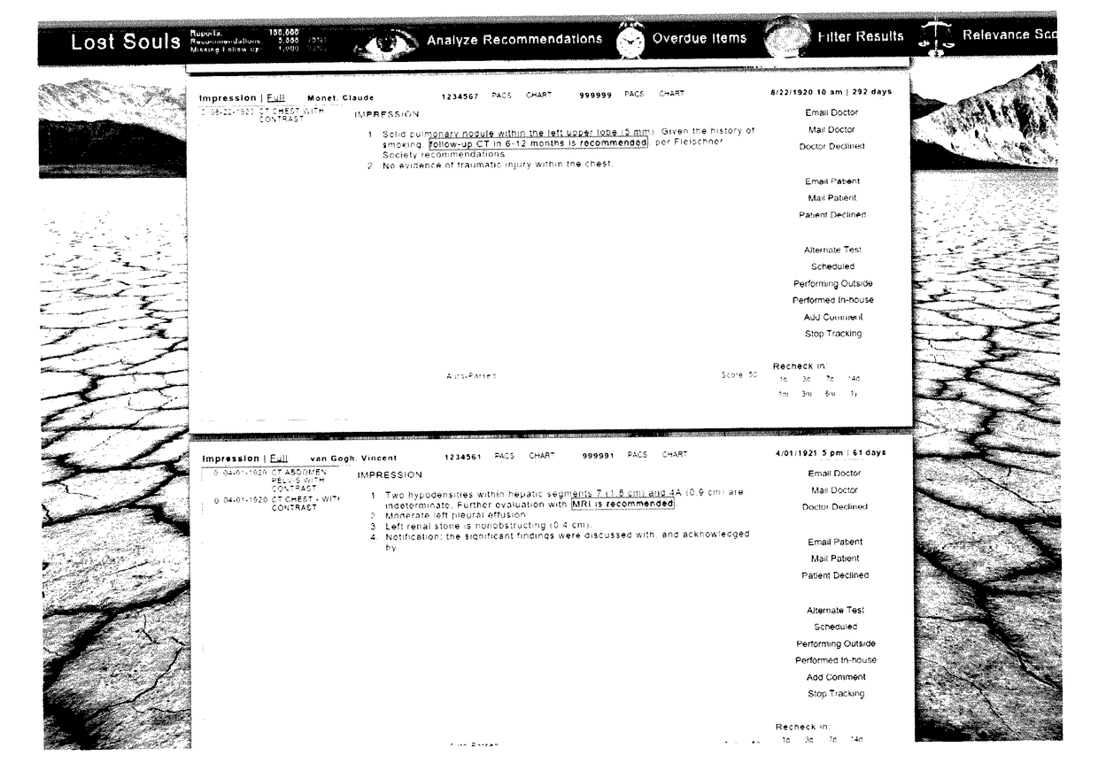 Method and system for detecting and identifying patients who did not obtain the relevant recommended diagnostic test or therapeutic intervention, based on processing information that is present within radiology reports or other electronic health records