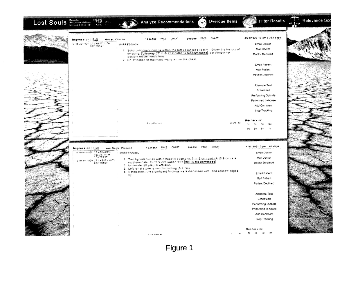 Method and system for detecting and identifying patients who did not obtain the relevant recommended diagnostic test or therapeutic intervention, based on processing information that is present within radiology reports or other electronic health records