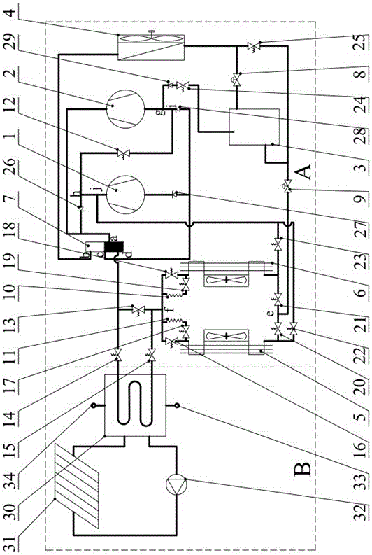 Solar heat accumulation type two-stage compressed air source heat pump system and operation method thereof