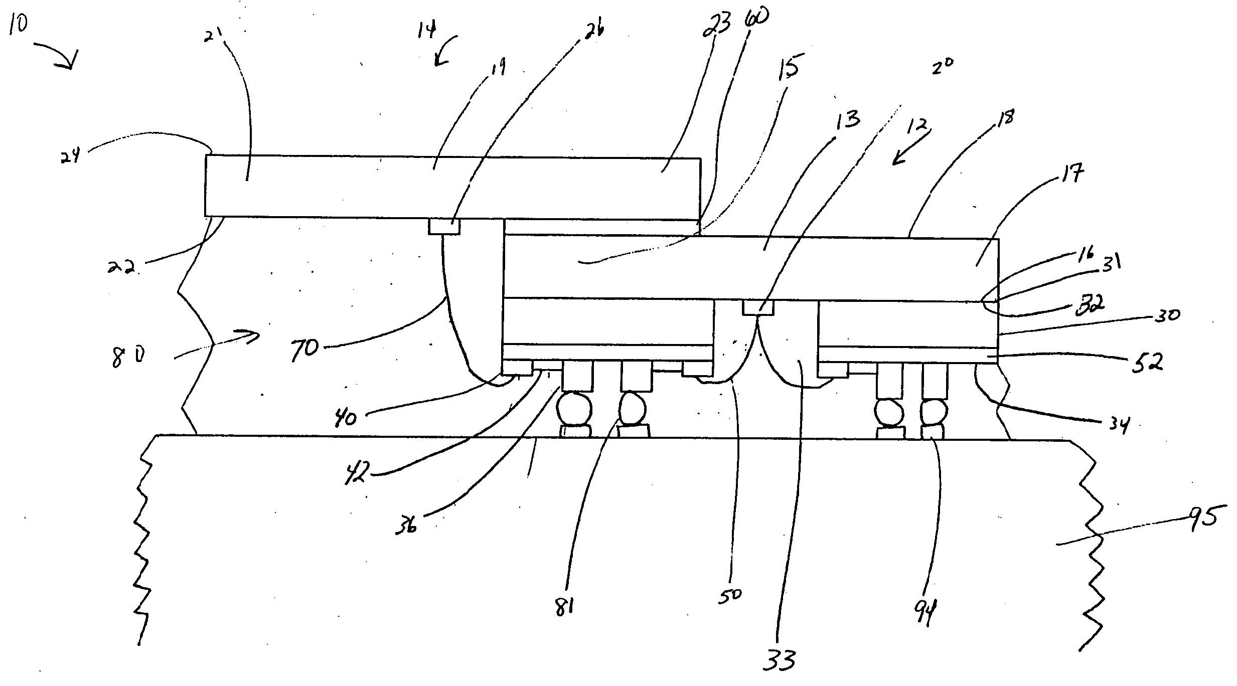 Stacked microelectronic assemblies with central contacts