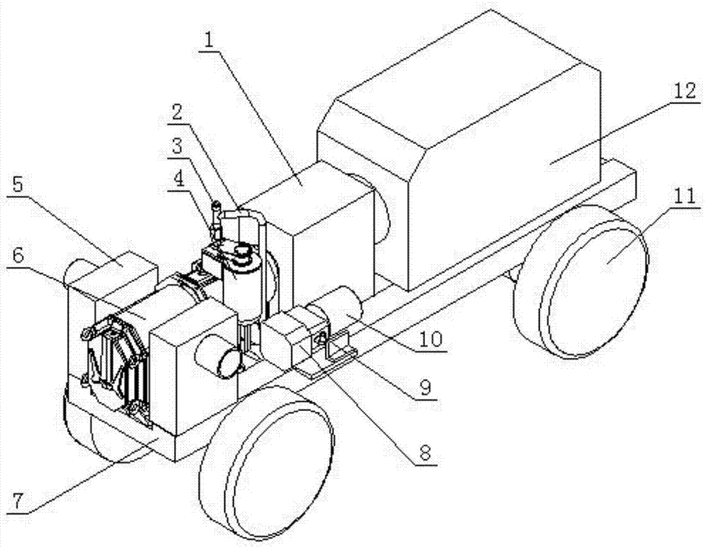 Self-traveling dry self-sucking emergency flood drainage, fire fighting and power generation integrated device