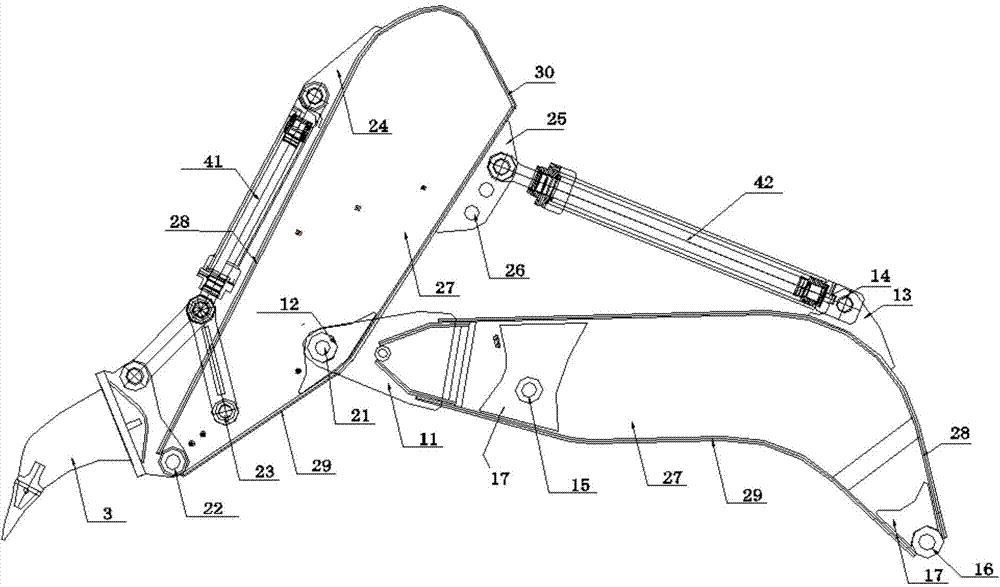 Excavator big arm and small arm structure