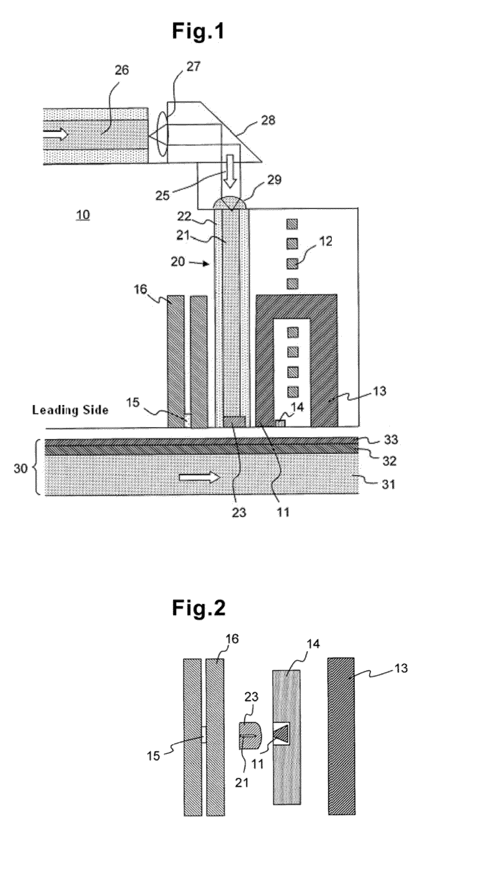 Optically assisted magnetic recording head having a waveguide core with a plate-shaped portion and method of manufacture thereof