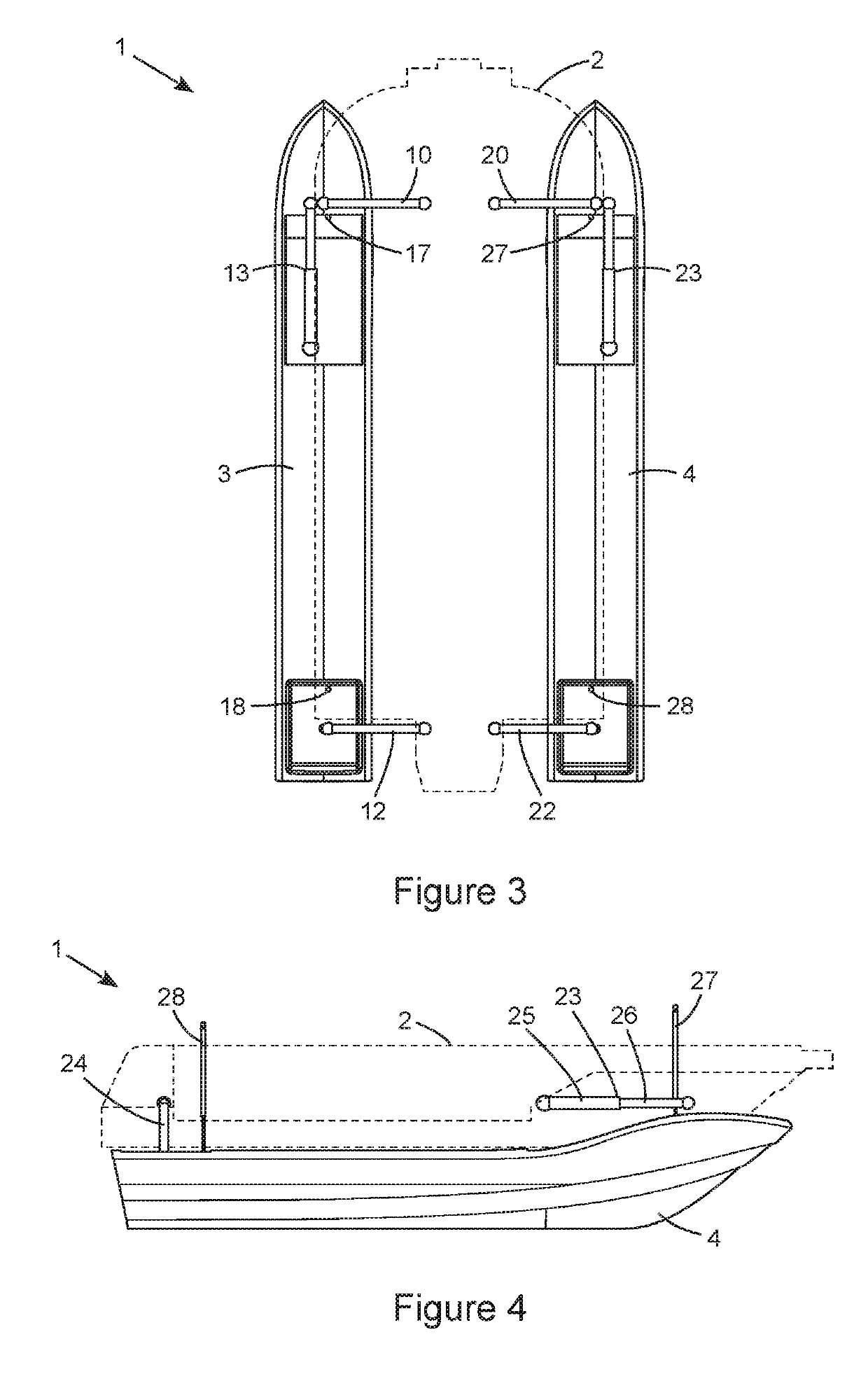 Multi-link suspension for multi-hulled vessels