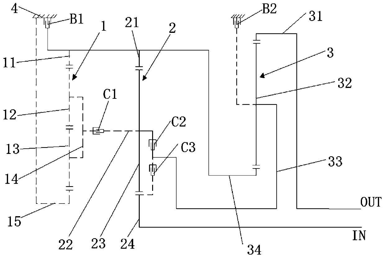 Three planetary six-speed automatic transmission and car