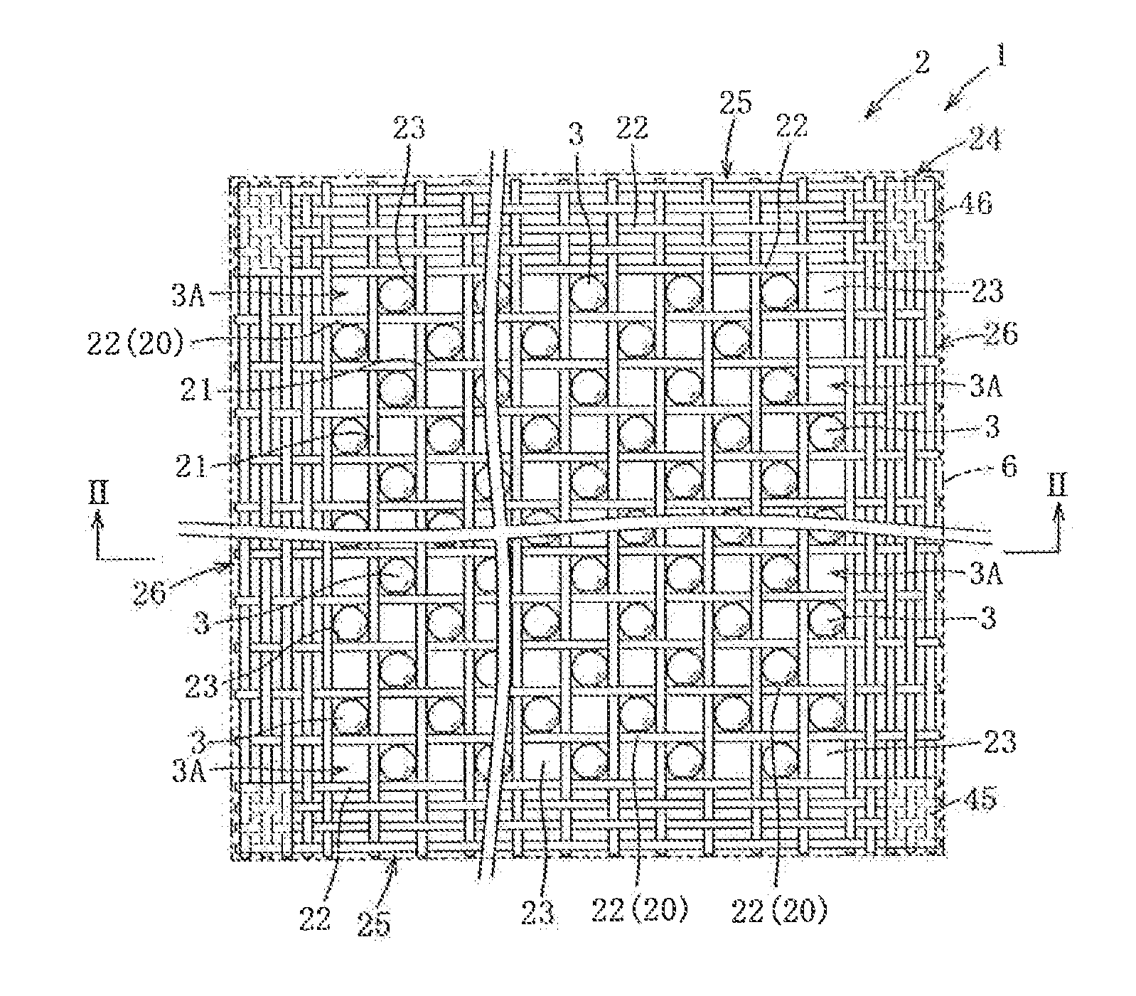 Woven mesh substrate with semiconductor elements, and method and device for manufacturing the same