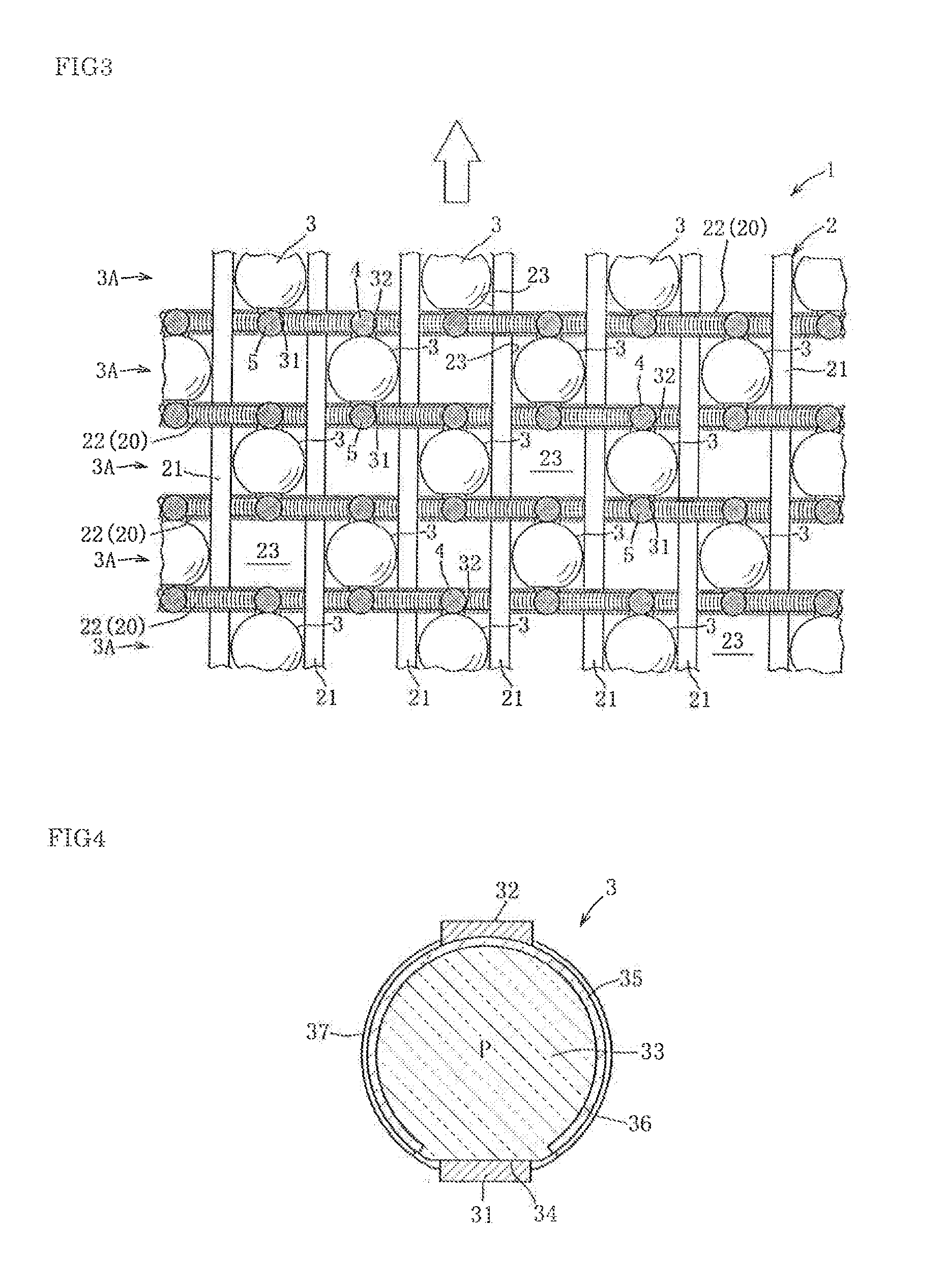 Woven mesh substrate with semiconductor elements, and method and device for manufacturing the same