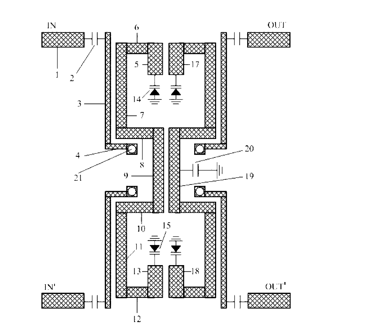 Balance type radio frequency electronically-controlled band-pass filter with bandwidth control