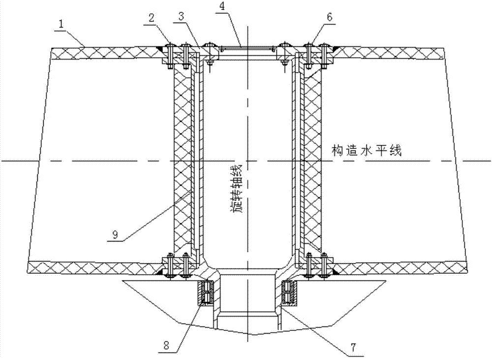 Large rotating body and rotating shaft connecting structure