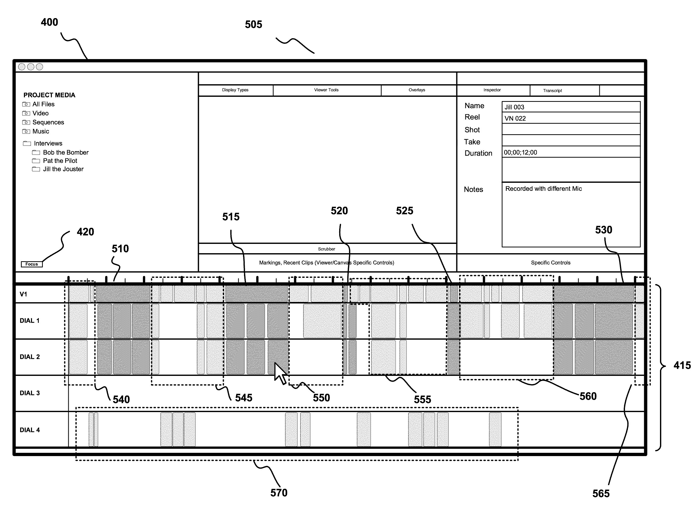 Media editing application with capability to focus on graphical composite elements in a media compositing area