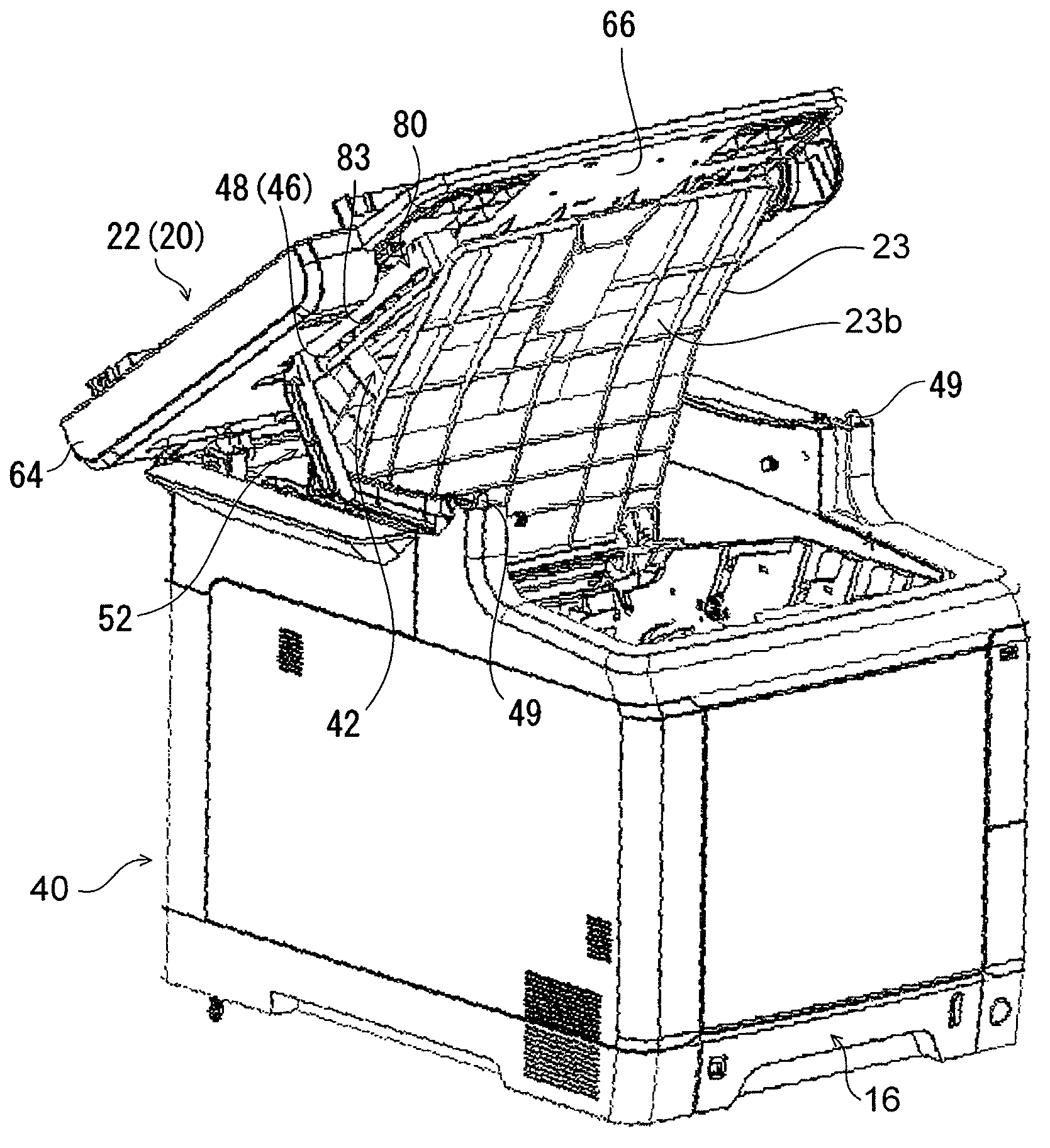 Image forming apparatus with turnable image reading part and suspending mechanism