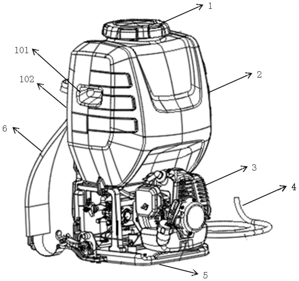 A spraying device that utilizes a two-stroke power unit to drive and adjust the amount of liquid injection