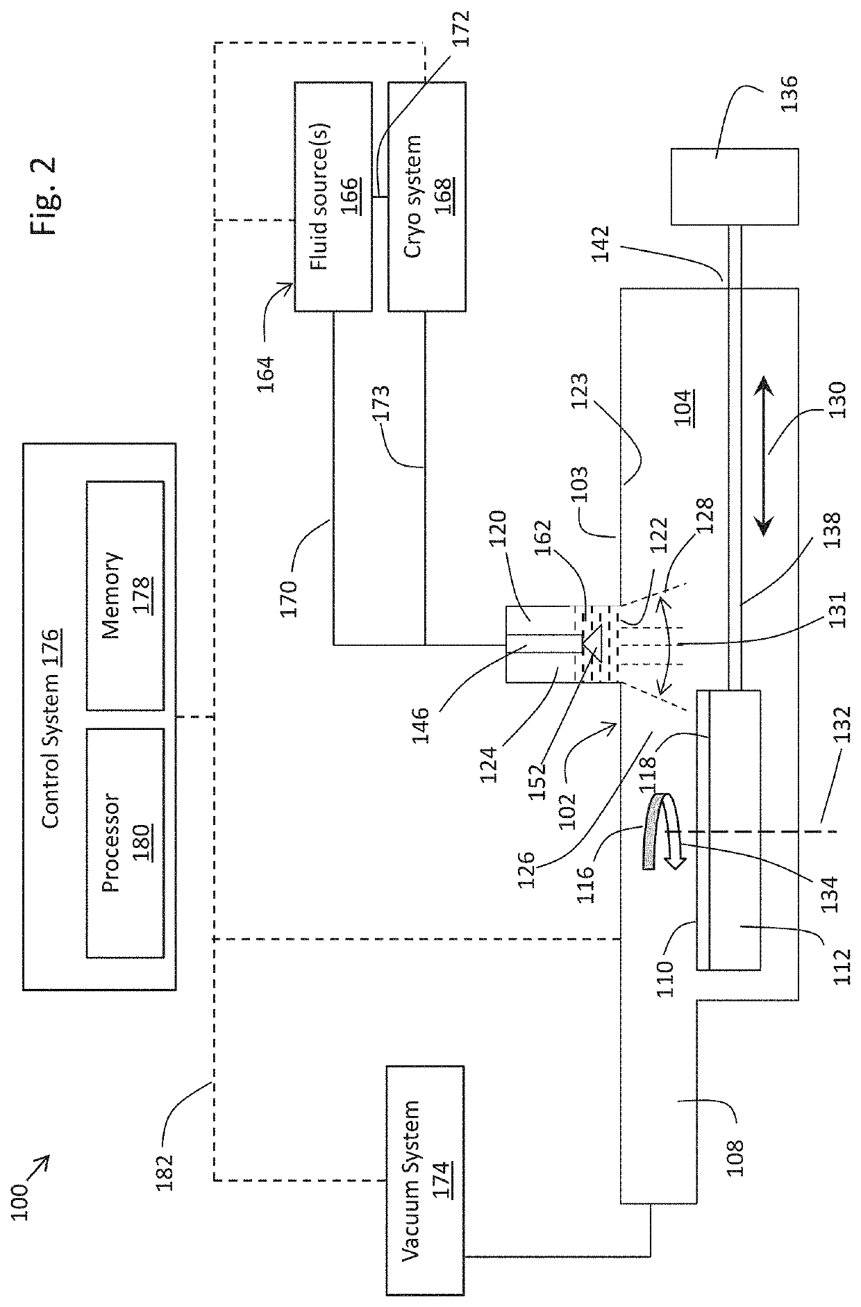 Microelectronic treatment system having treatment spray with controllable beam size