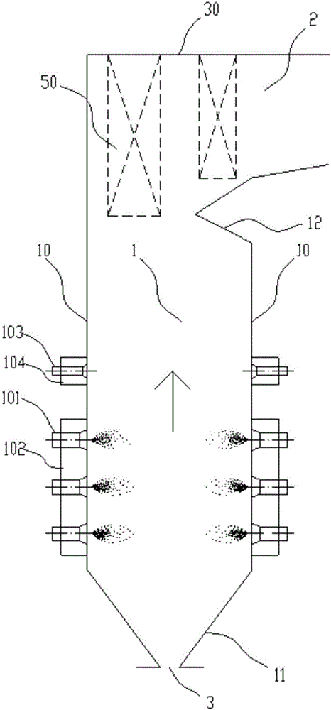 Pulverized coal fired boiler hearth provided with variable-section combustor area and adapting to flexible peak shaving