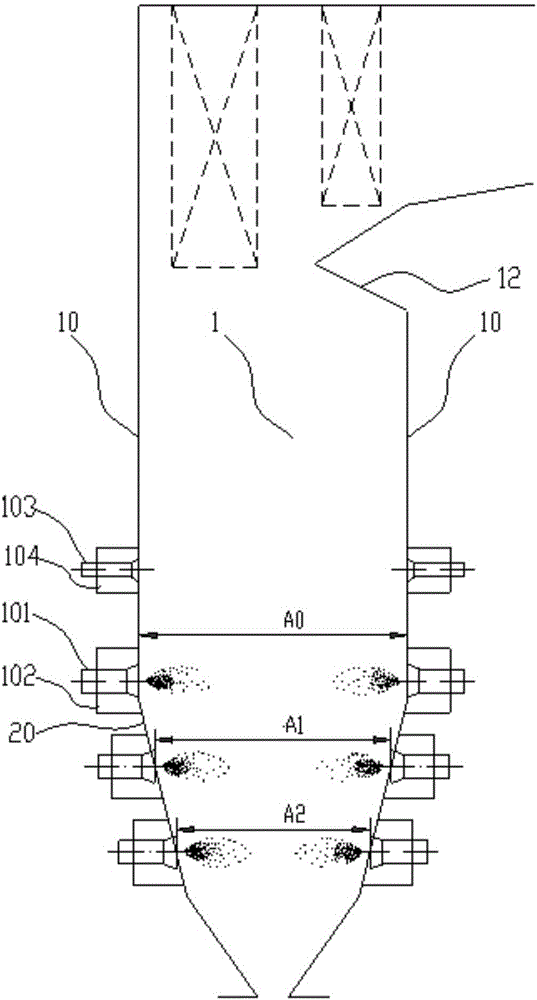 Pulverized coal fired boiler hearth provided with variable-section combustor area and adapting to flexible peak shaving