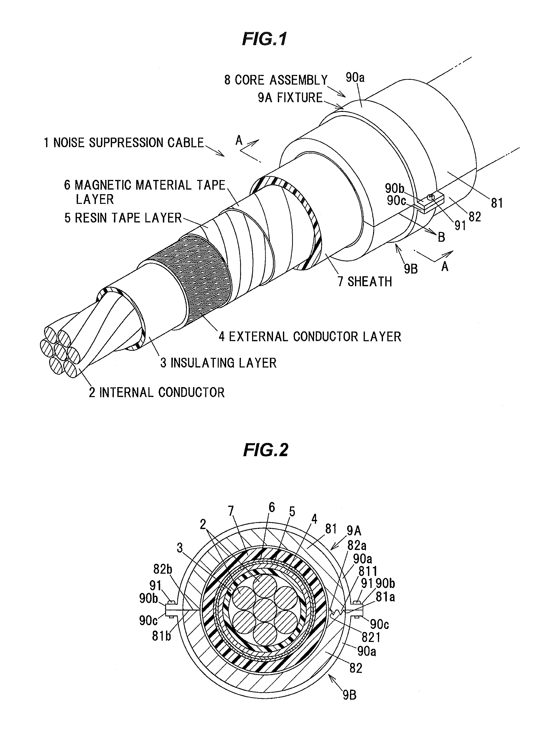 Noise suppression cable, core assembly, and electrical device