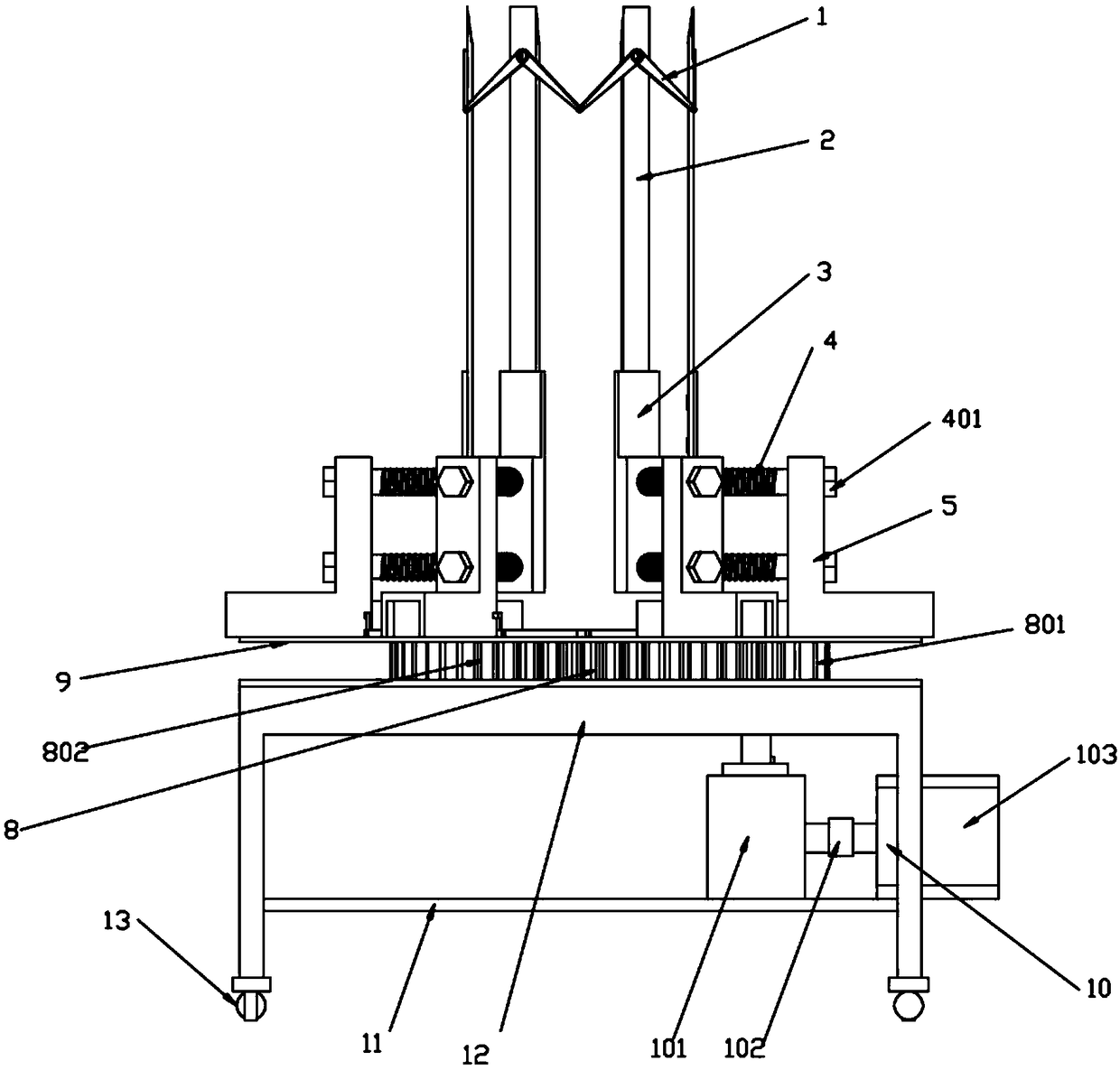 Inserting and cutting type banana combing device capable of surrounding banana stems in self-adaptive manner