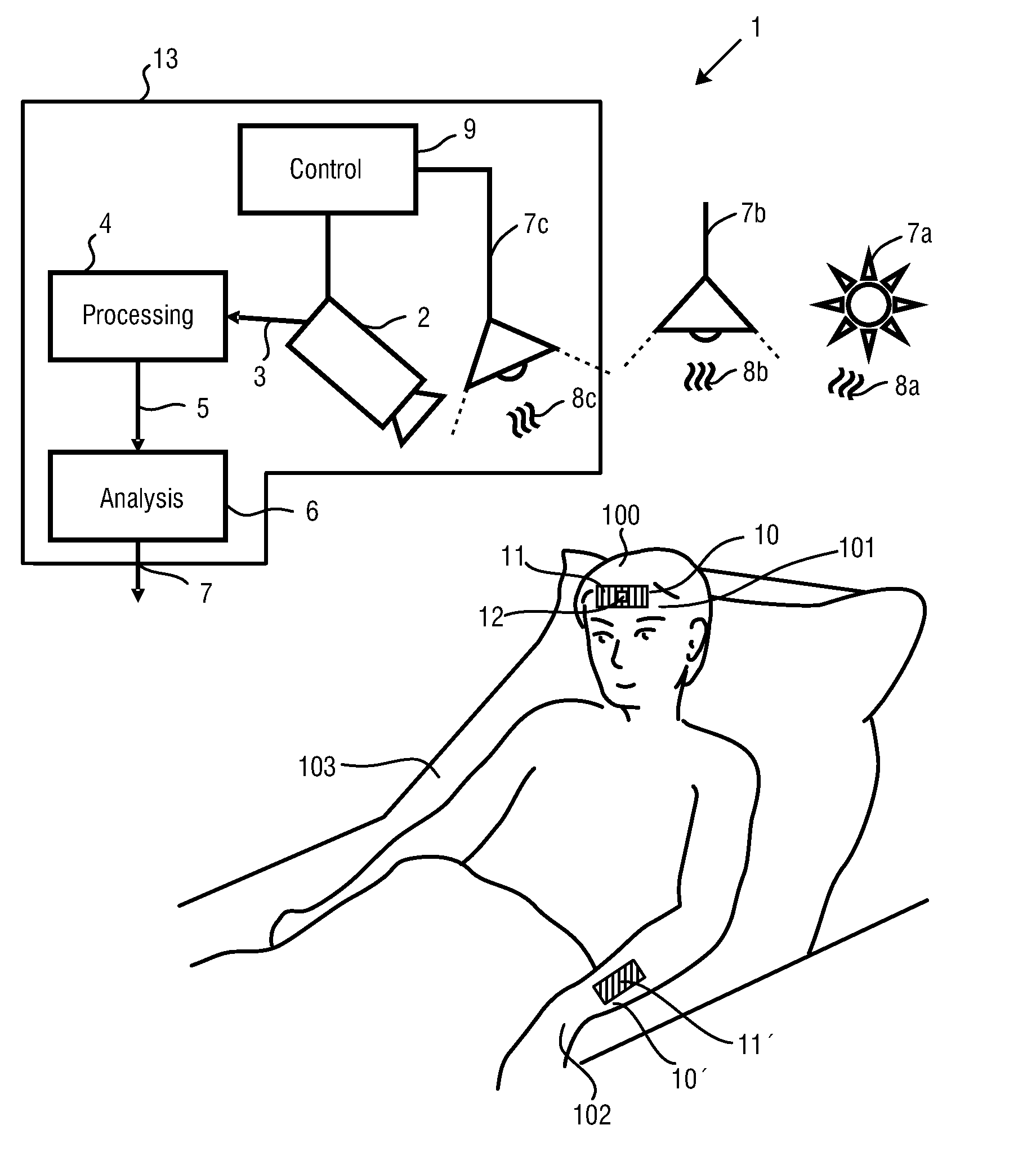 Marker with light emitting area for use in determining vital sign information