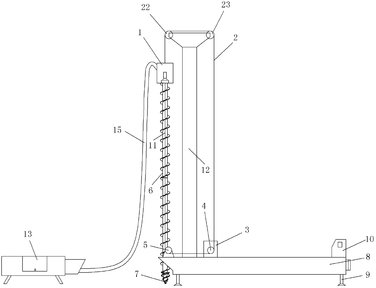 Molding device and molding method for long spiral extruding rock-entering cast-in-place pile