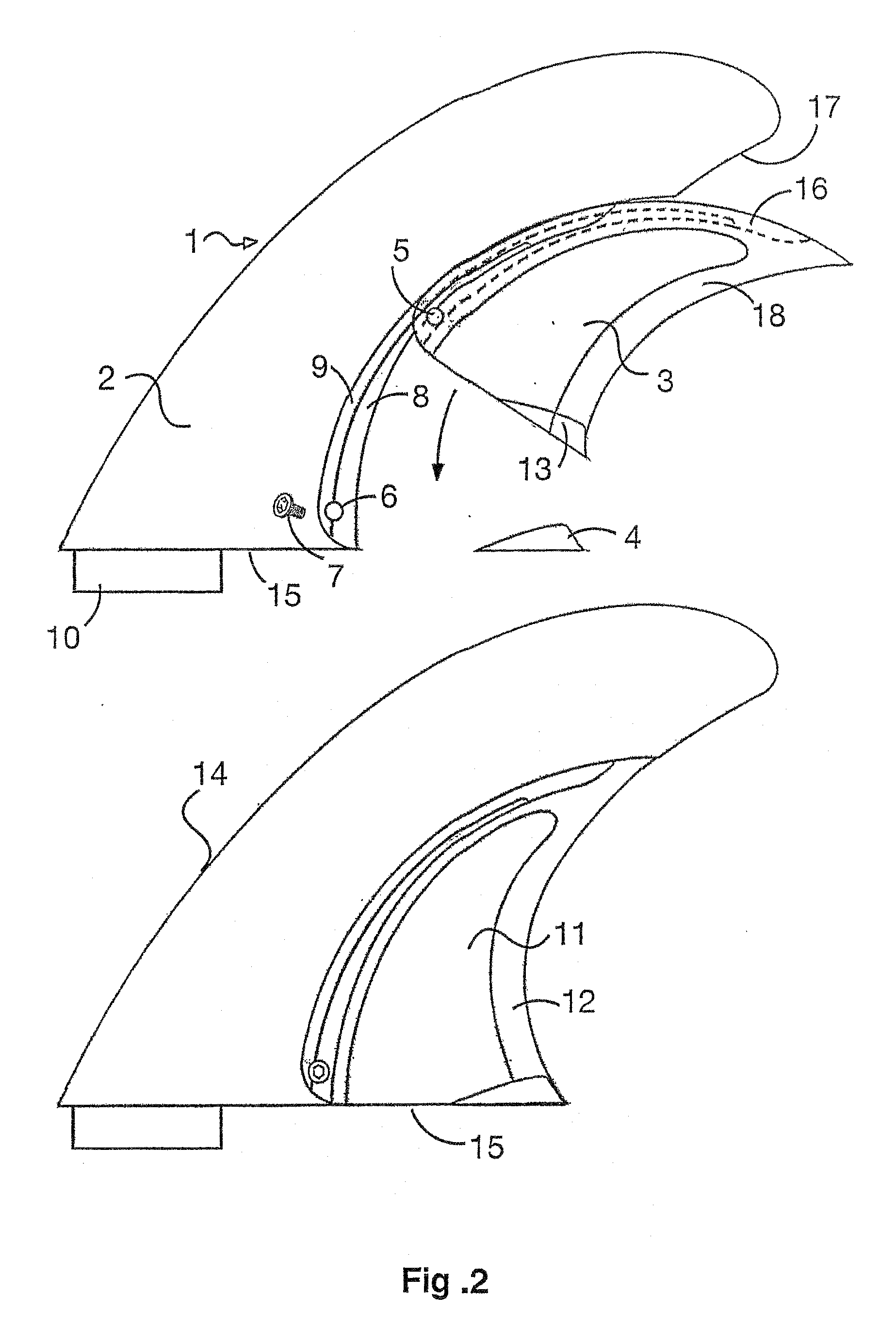 Fin or Keel with Flexible Portion for Surfboards, Sailboards of the Like