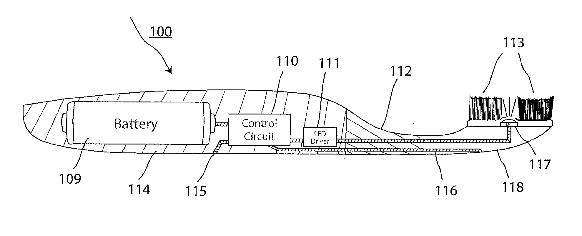 Short wavelength visible light-emitting toothbrush with an electronic signal interlock control