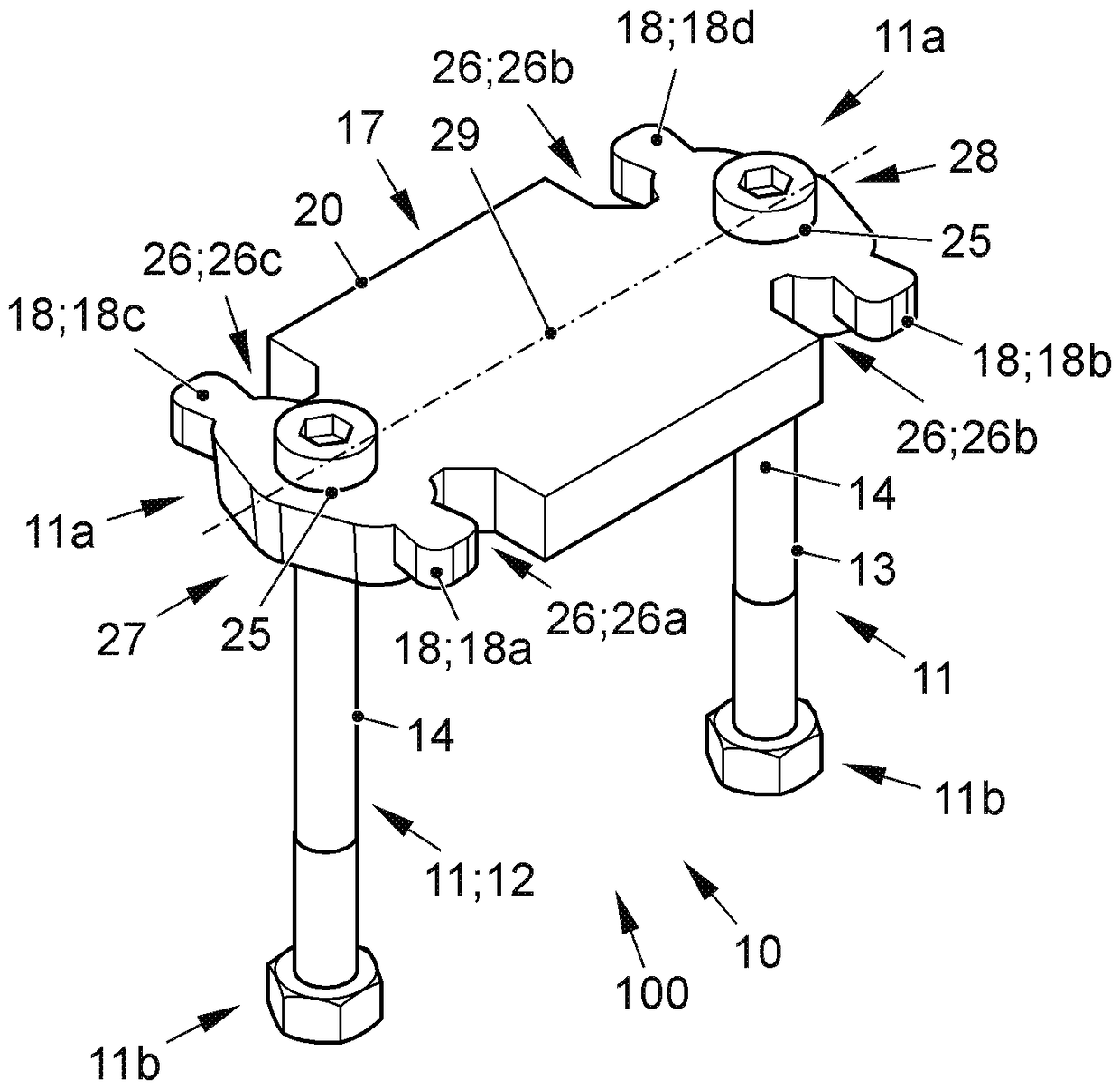 Device for fixing at least battery module at the bottom of a housing of a battery housing