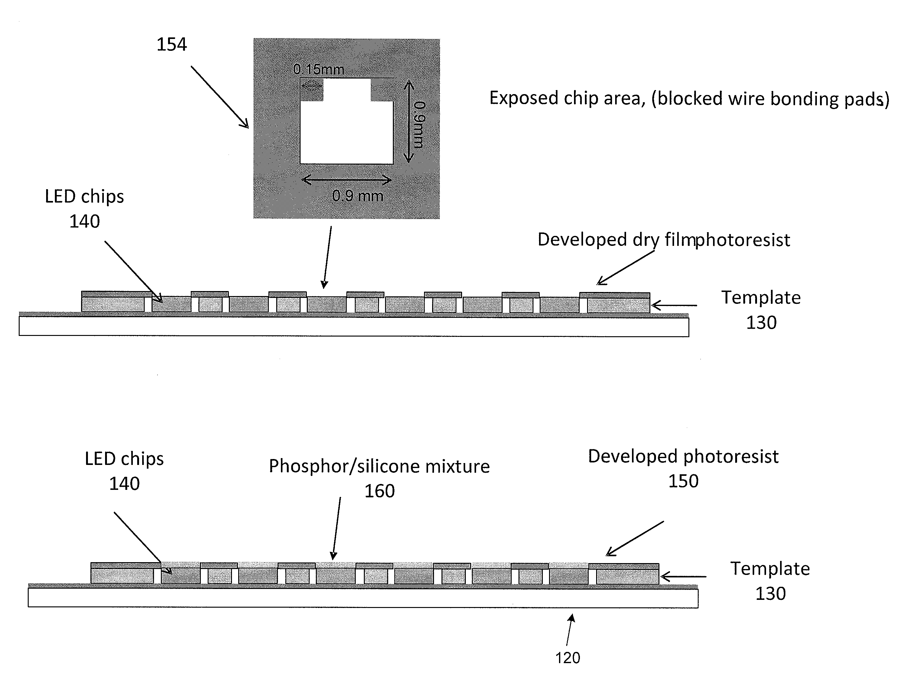 Deposition of phosphor on die top using dry film photoresist