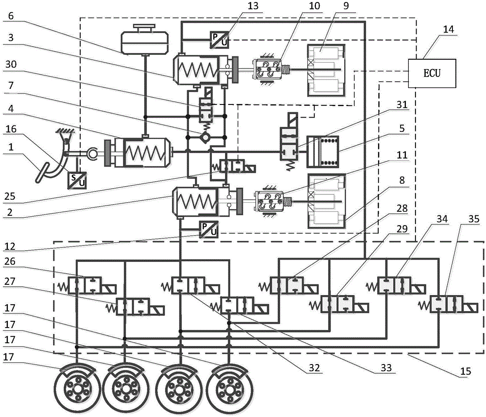 A dual-motor brake-by-wire system with multiple working modes and voltage regulation