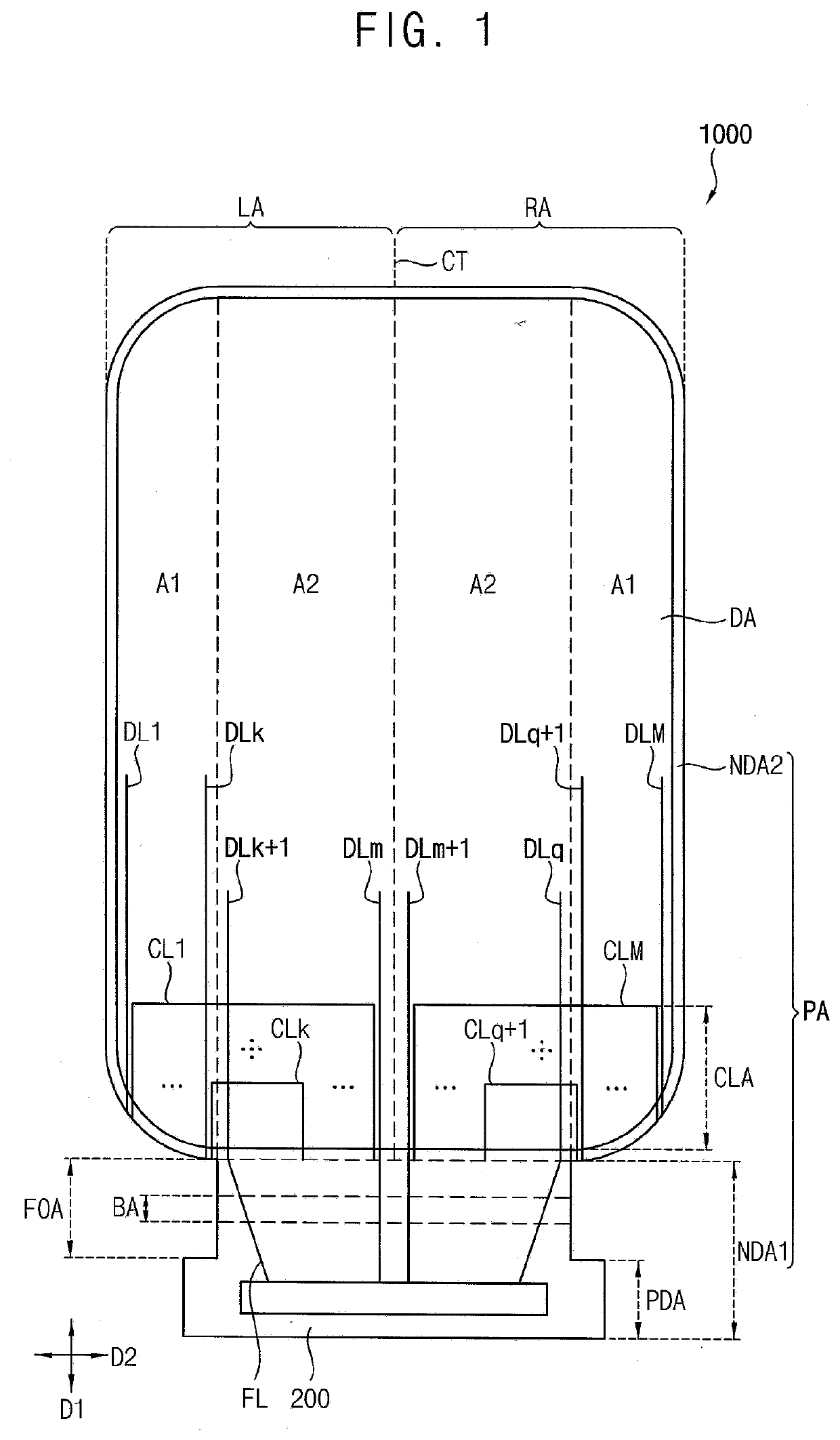 Display device having data lines in rounded edge and straight edge parts