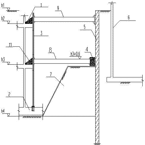 Construction method of deep foundation pit close to building and adopting underground structure as internal support