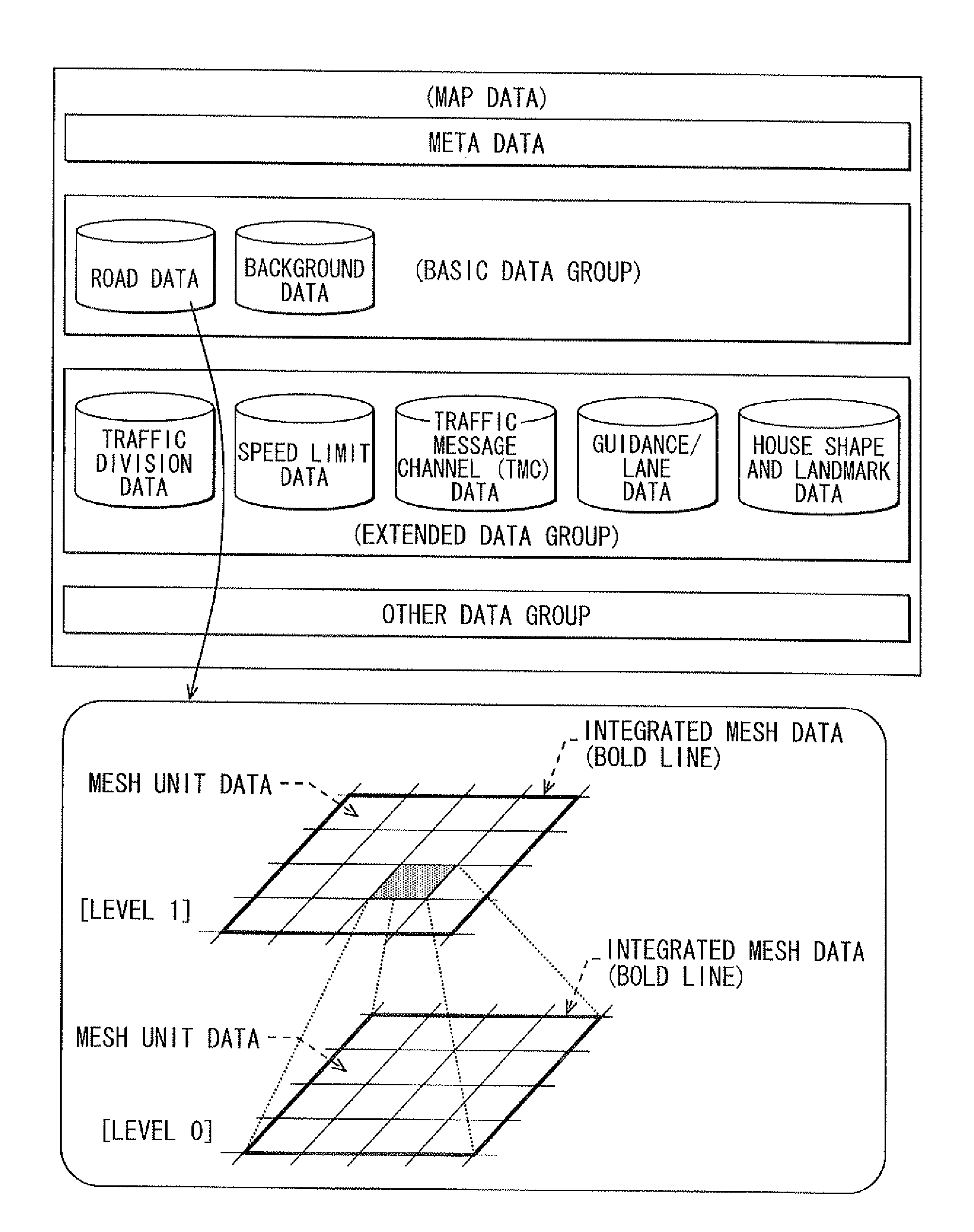 Method for creating map data and map data utilization apparatus