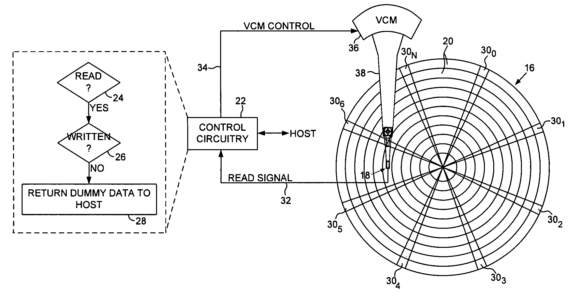 Disk drive returning dummy data to a host when reading an unwritten data sector