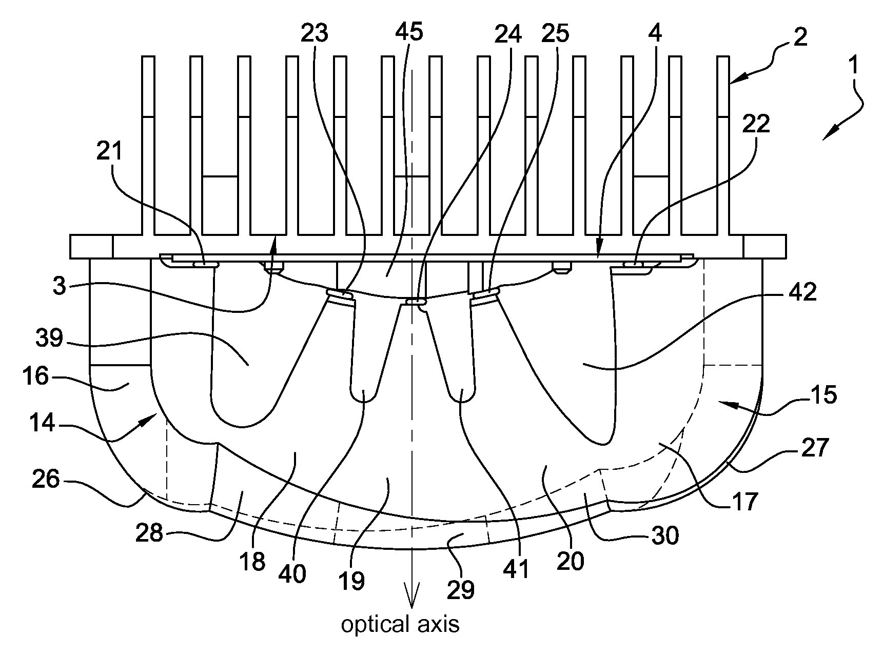 Vehicle lighting device using a multiple-source optical lens