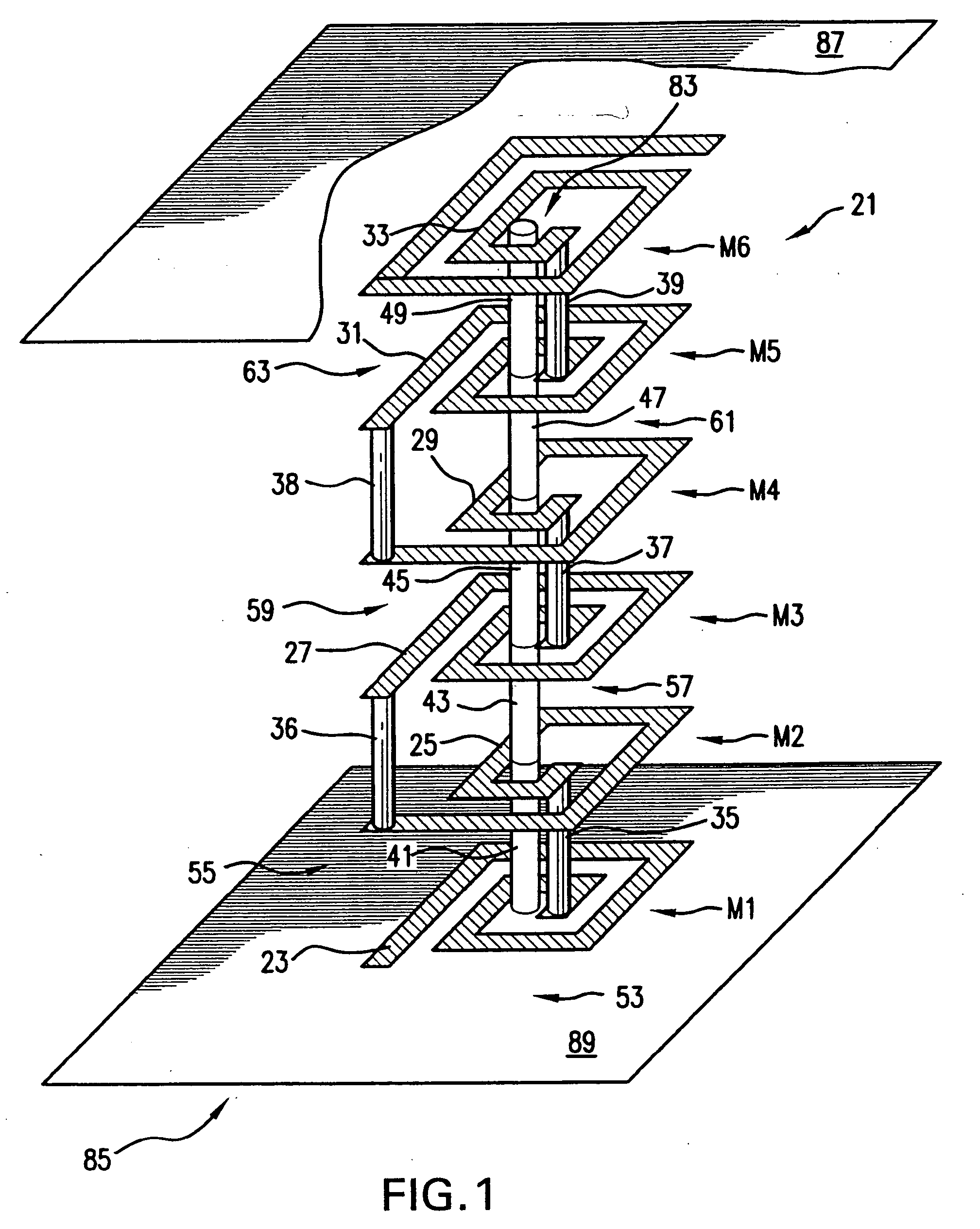 Compact inductor with stacked via magnetic cores for integrated circuits