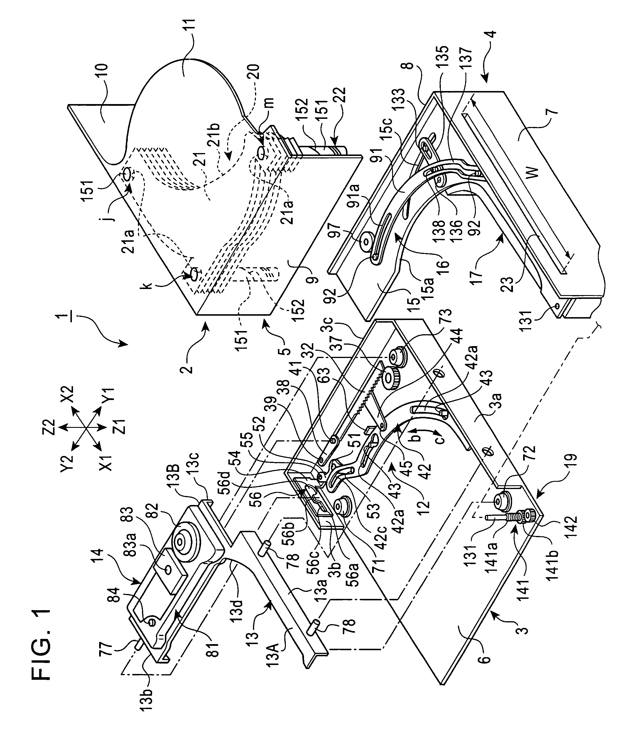 Disk-storing disk device having a drive unit and a transporting-unit supported about fulcrum