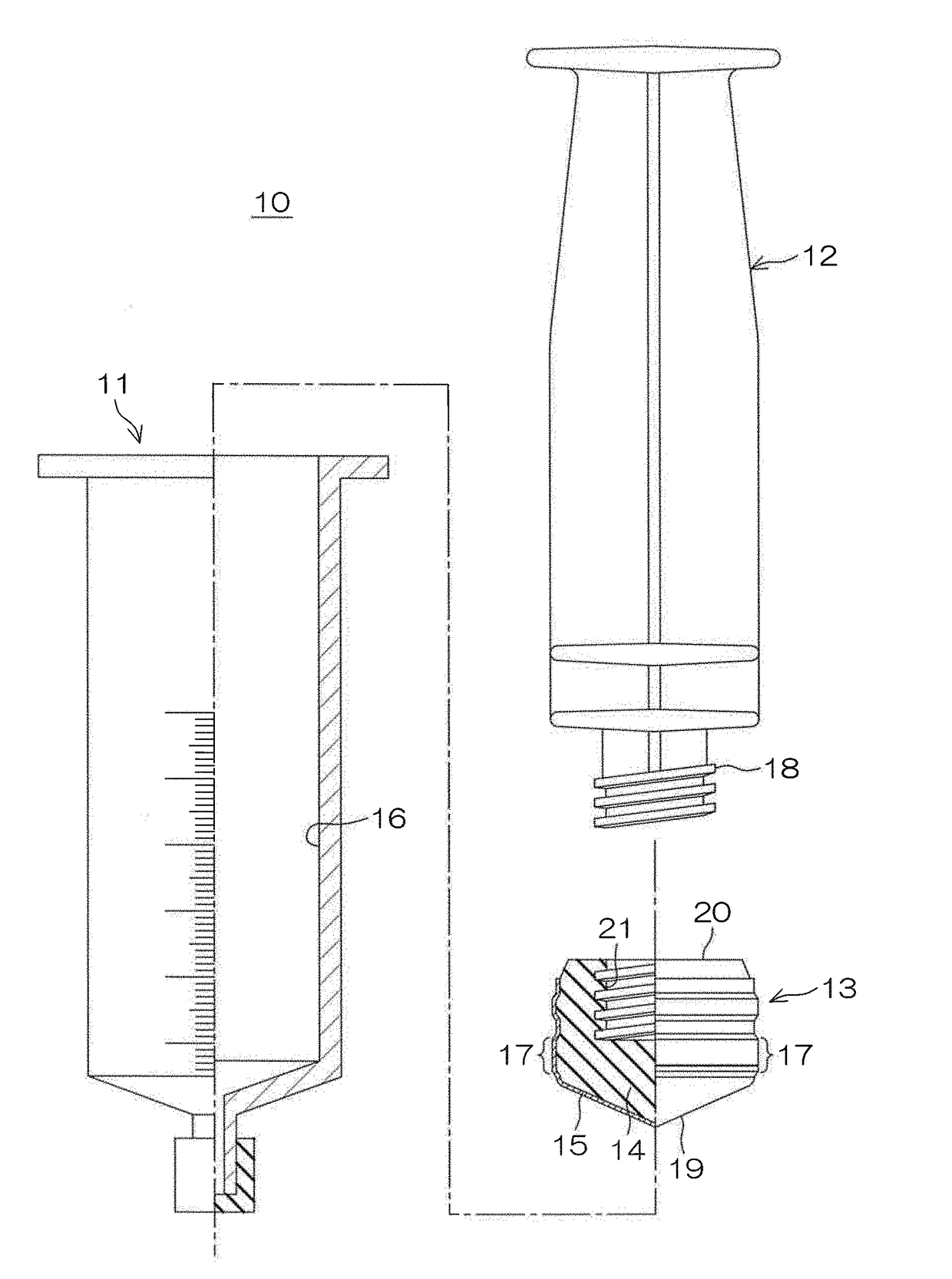 Medical syringe, gasket to be used for syringe, and gasket production method