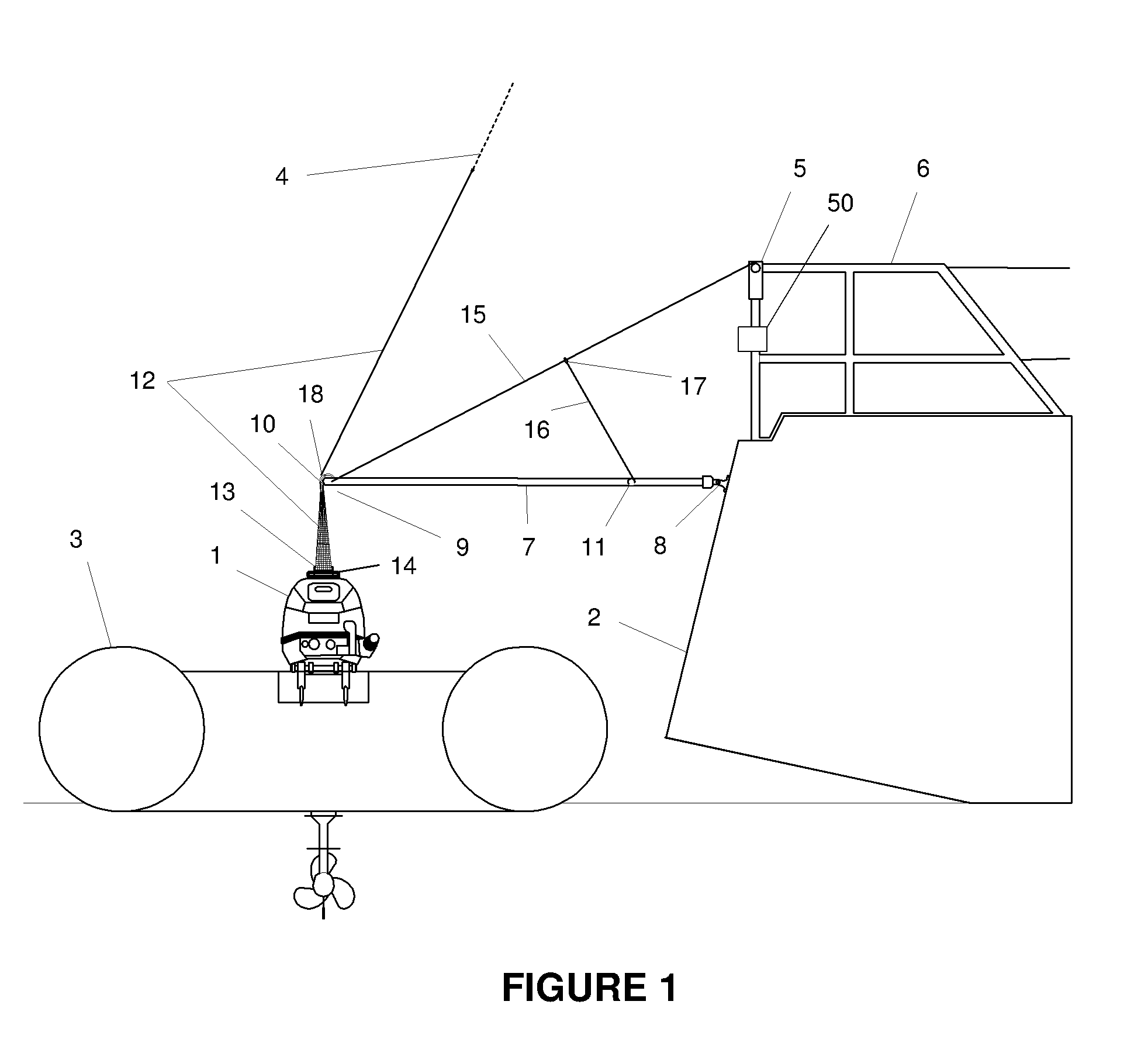 Device for handling a load hoisted between two locations offset both vertically and horizontally