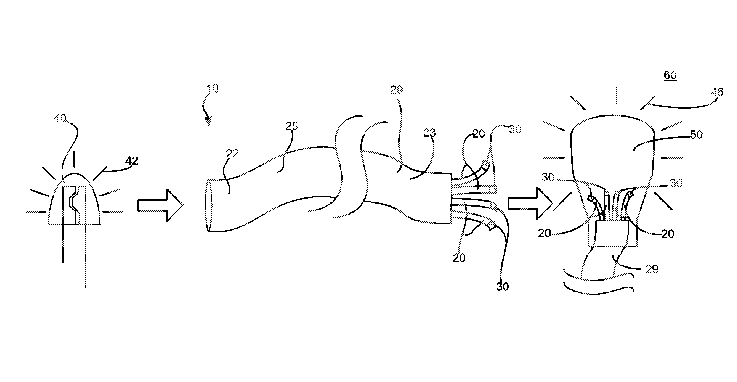 Remote light wavelength conversion device and associated methods