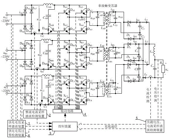 Three-phase AC-DC non-contact power supply system with power factor correction function